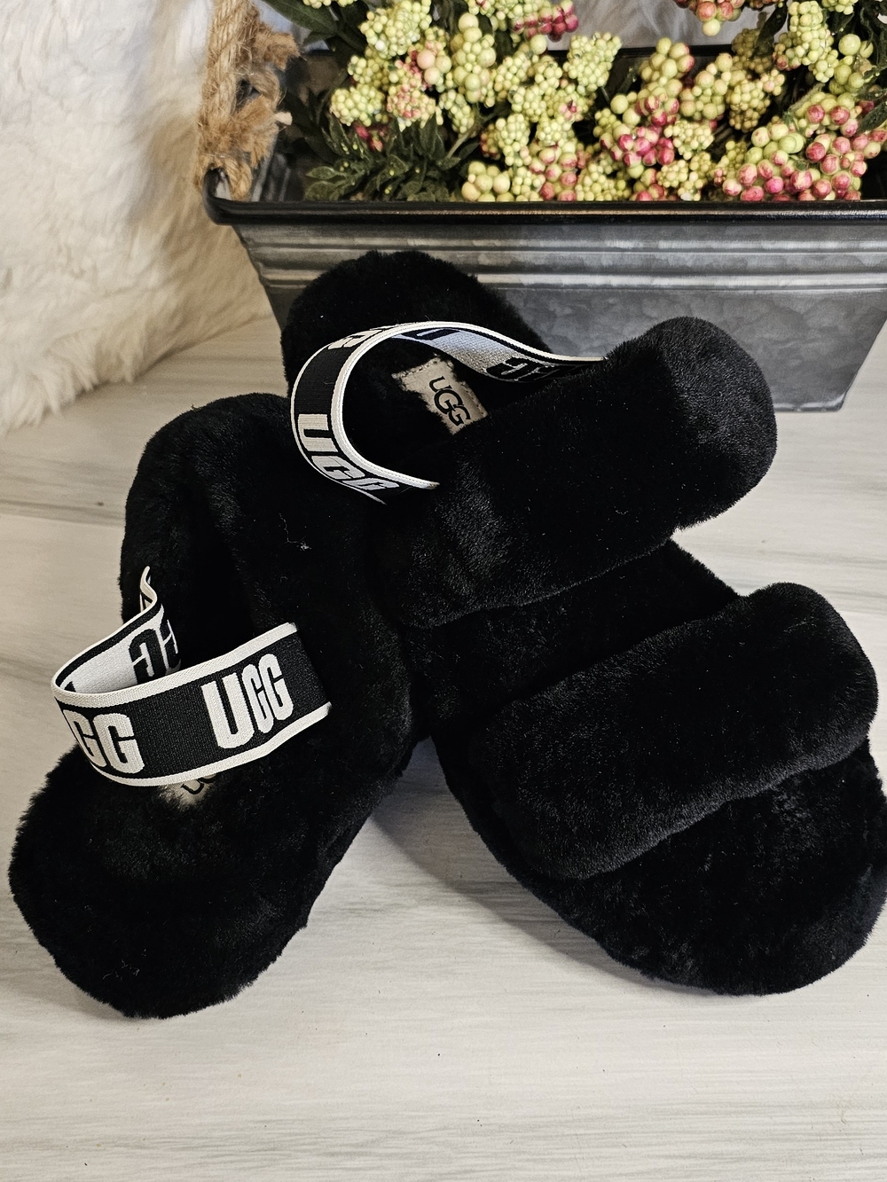 UGG Black Fuzzy Slide Sandals with Logo Elastic Strap